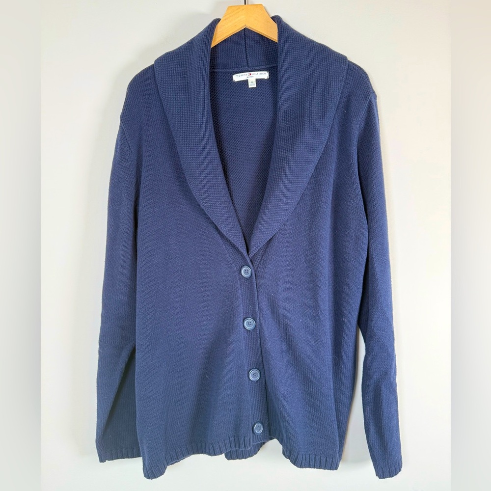 Tommy Hilfiger Woman Basic Button Up Down‎ Crochet Knit Cardigan Sweater Navy 2X